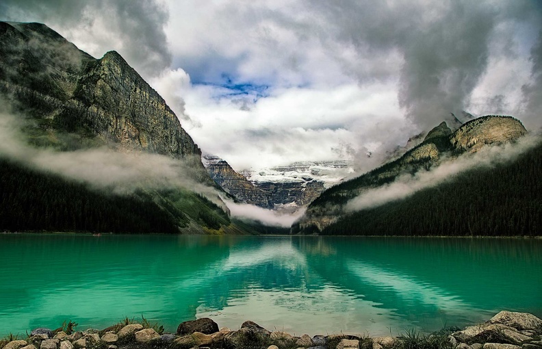Low clouds hanging over Lake Louise, Banff.